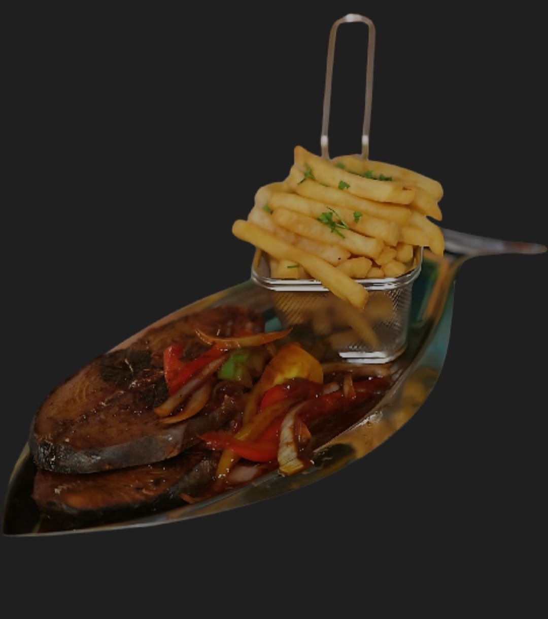 Grilled fish steak with sautéed peppers and onions, served with fries